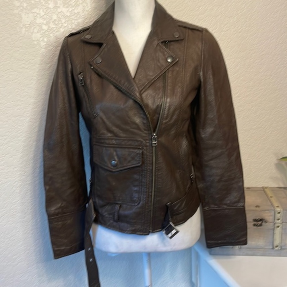 REZREKSHN BY ESTHER‎ CHEN Moto Leather Jacket Coat Outerwear Brown Zip Up  XS